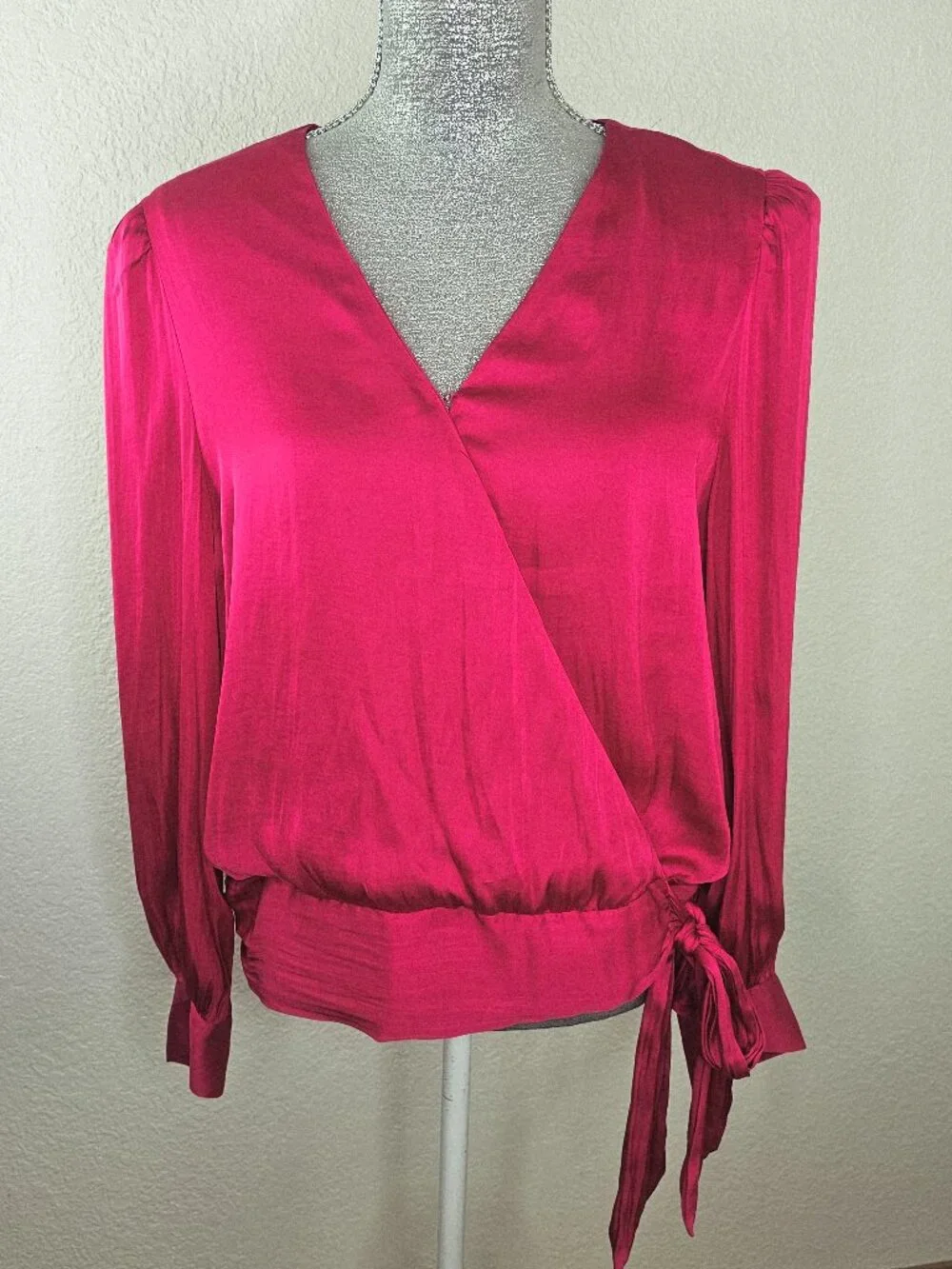 Banana Republic Fushia Pink Balloon Sleeve Tie Waist Wrap Top Size Large